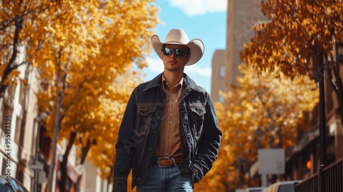 A man dressed in a stylish outfit, including a cowboy hat and sunglasses, strolls confidently down a bustling city street lined photo