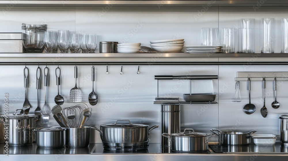 A sleek and modern kitchen scene with stainless steel cookware, glassware, and cooking utensils neatly stored in cabinets, creating a clutter-free culinary space.