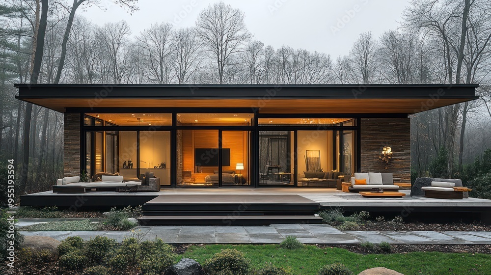 Fototapeta premium Modern house with large windows surrounded by trees in a serene setting.