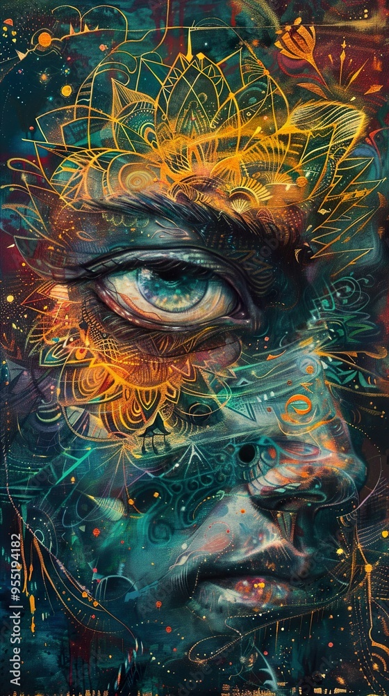 A close-up of a vibrant and abstract painting depicting a human eye with intricate details and colorful patterns. A close-up of a vibrant and abstract painting depicting a human eye with intricate details and colorful patterns.