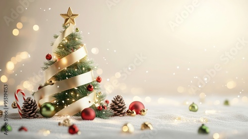 Christmas tree formed by a golden ribbon spiraling with festive ornaments green and red baubles, pine-cone, candy canes, and small gold bells on light background. Suitable for use as a holiday banner 