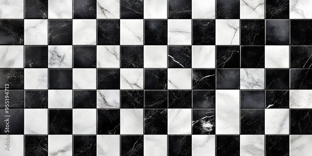 Fototapeta premium Seamless black and white checker or chess board marble tile background texture. Kitchen or bathroom natural stone wall, floor or countertop. A high resolution tileable luxury pattern 3D Rendering..