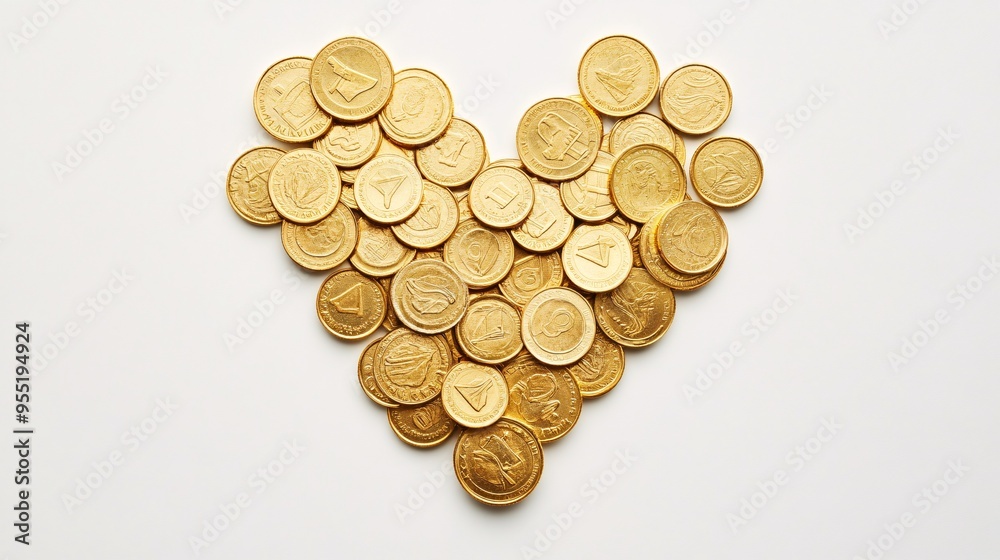 Top view of gold coins forming a heart shape on a white background Top view of gold coins forming a heart shape on a white background