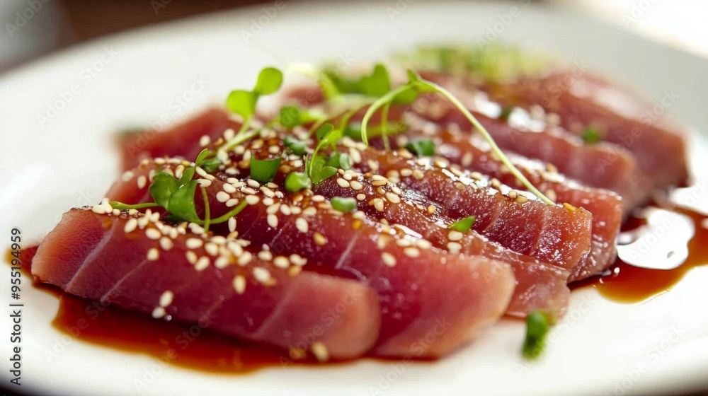 A plate of food with a piece of thinly sliced tuna and some sesame seeds on top. The plate is white and the food is arranged in a visually appealing manner A plate of food with a piece of thinly sliced tuna and some sesame seeds on top. The plate is white and the food is arranged in a visually appealing manner