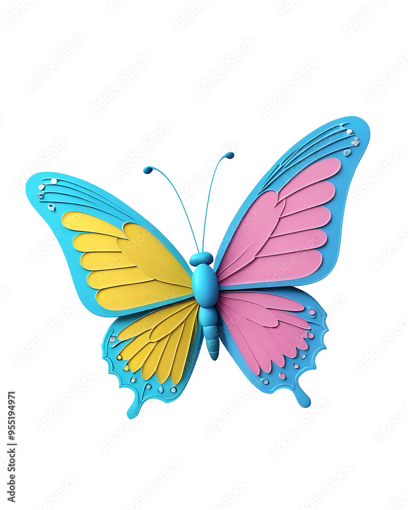 A stylized 3D butterfly with vibrant blue, yellow, and pink wings. A stylized 3D butterfly with vibrant blue, yellow, and pink wings.