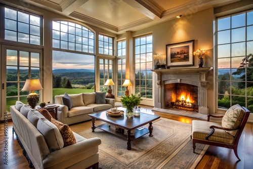 the interior of the living room of a large house with furniture and large wide windows overlooking a beautiful landscape, and a large fireplace with a burning fire in it