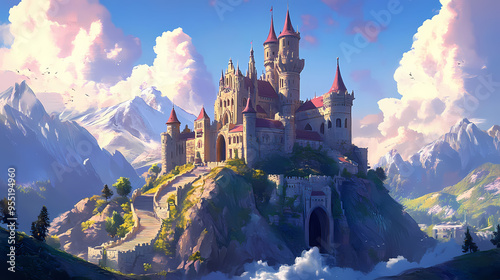 Digital illustration of mix media of a imaginative castle fortress in fantasy land. Castle. Illustration