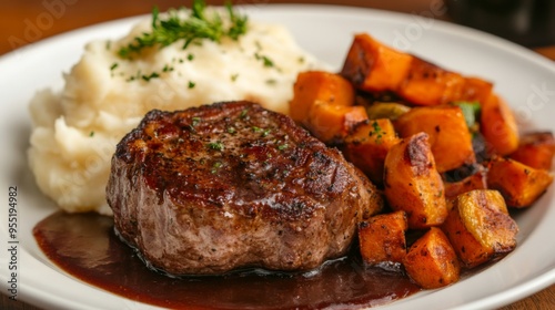 A plate of meat with a side of mashed potatoes and vegetables. The meat is cooked and seasoned perfectly, and the vegetables are roasted