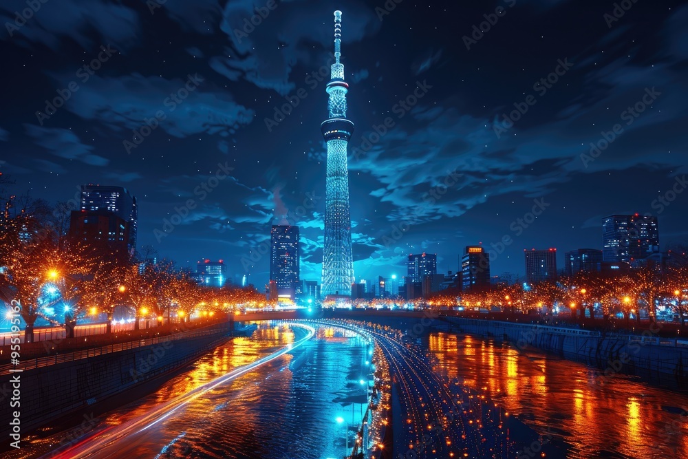 Naklejka premium panoramic views from the top of the Skytree, capturing the cityscape at dusk