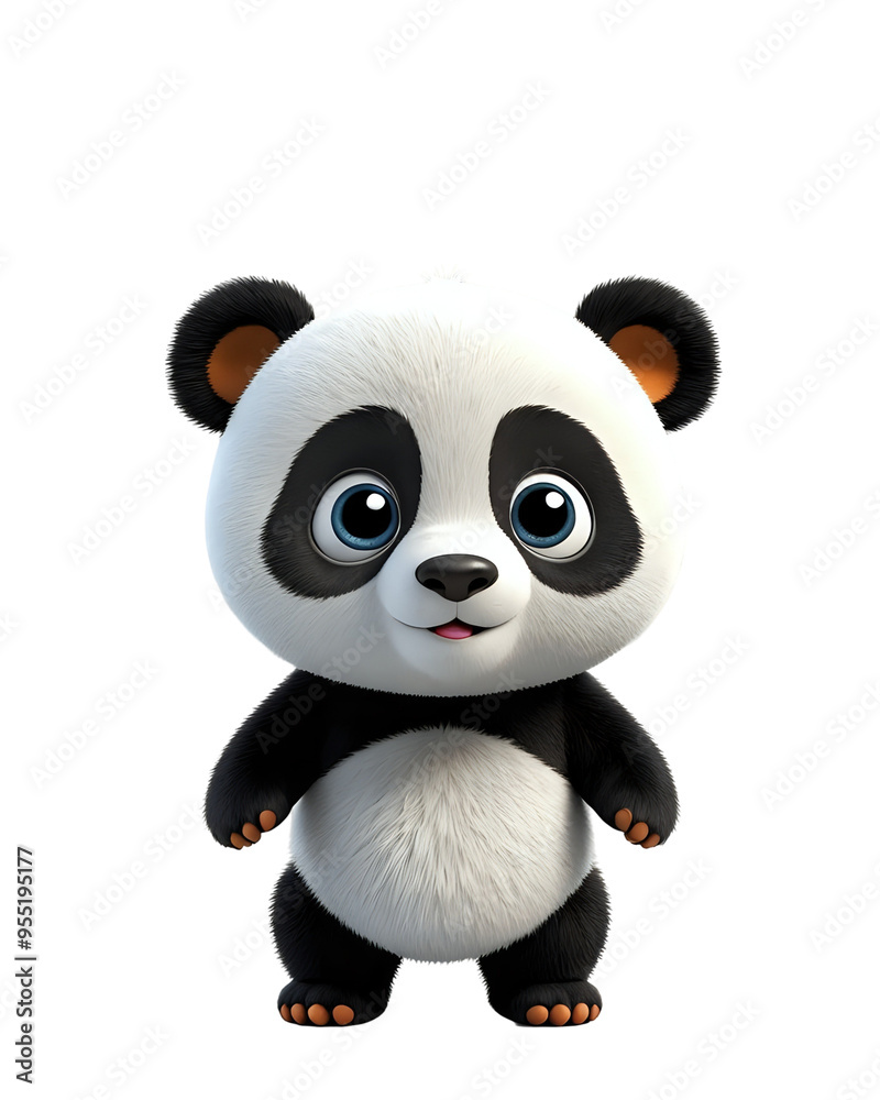 Obraz premium Adorable cartoon panda bear with big blue eyes standing on a white background.