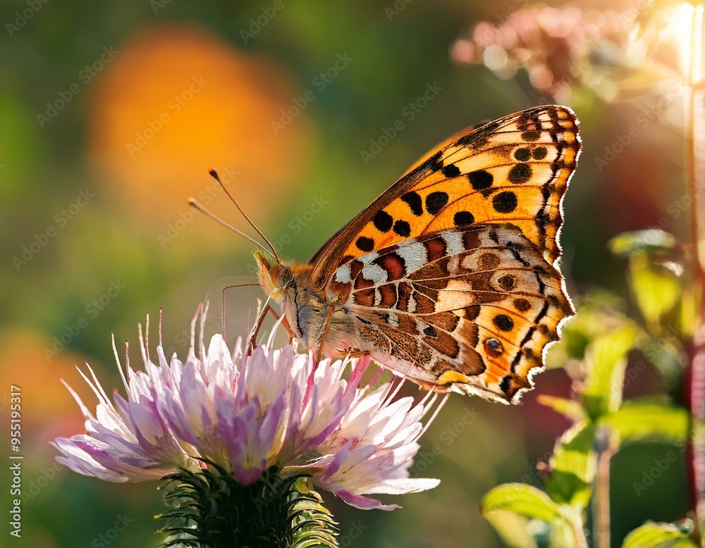 Obraz premium Leopard Butterfly Close-Up Collecting Nectar on Wild Flowers in Daylight