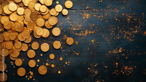 Top view of scattered gold coins on a dark wooden surface
