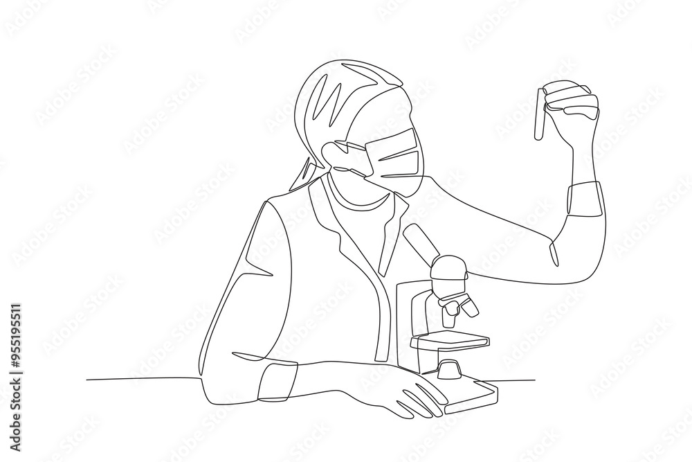 Researchers examine chemical solutions. Lab experiment concept one-line drawing Researchers examine chemical solutions. Lab experiment concept one-line drawing