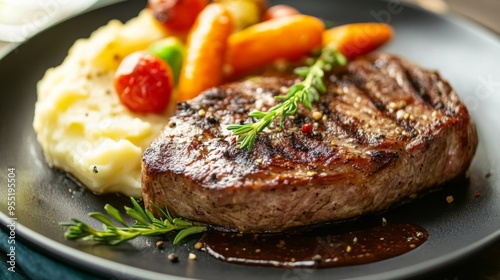 A plate of meat with a side of mashed potatoes and vegetables. The meat is cooked and seasoned perfectly, and the vegetables are roasted