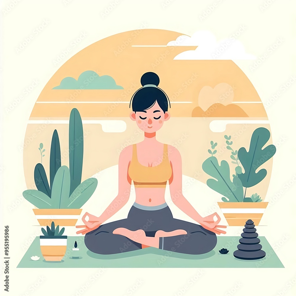 Woman doing yoga in nature. Concept illustration for yoga, meditation, relaxation, healthy lifestyle. Pastel shades. illustration, flat style Woman doing yoga in nature. Concept illustration for yoga, meditation, relaxation, healthy lifestyle. Pastel shades. illustration, flat style