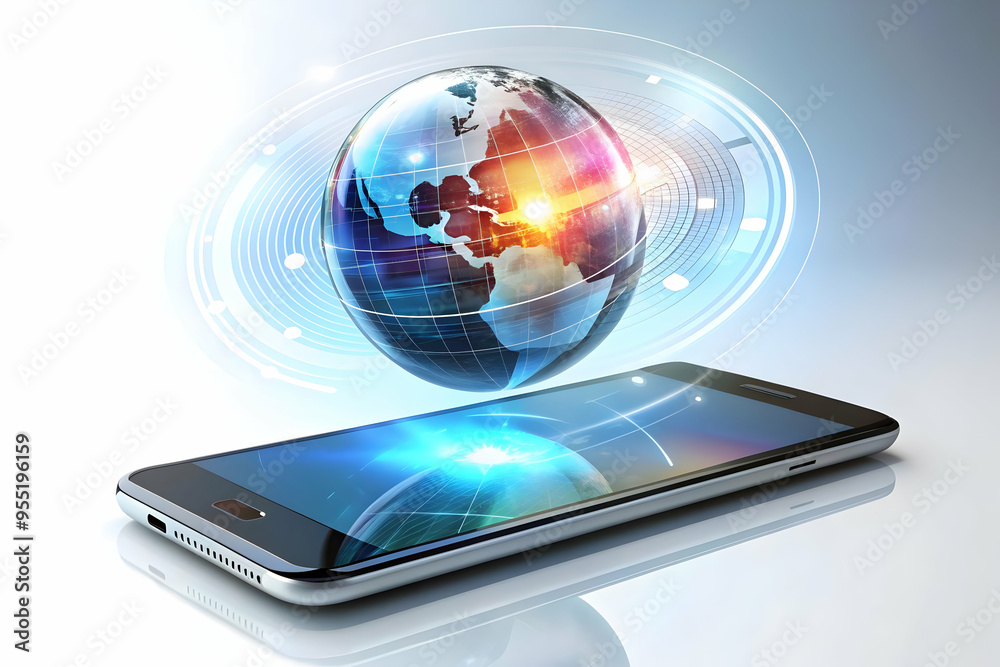 3D Futuristic Smartphone Floating Above Holographic Interface - Levitating Phone Concept on White Background with Copy Space