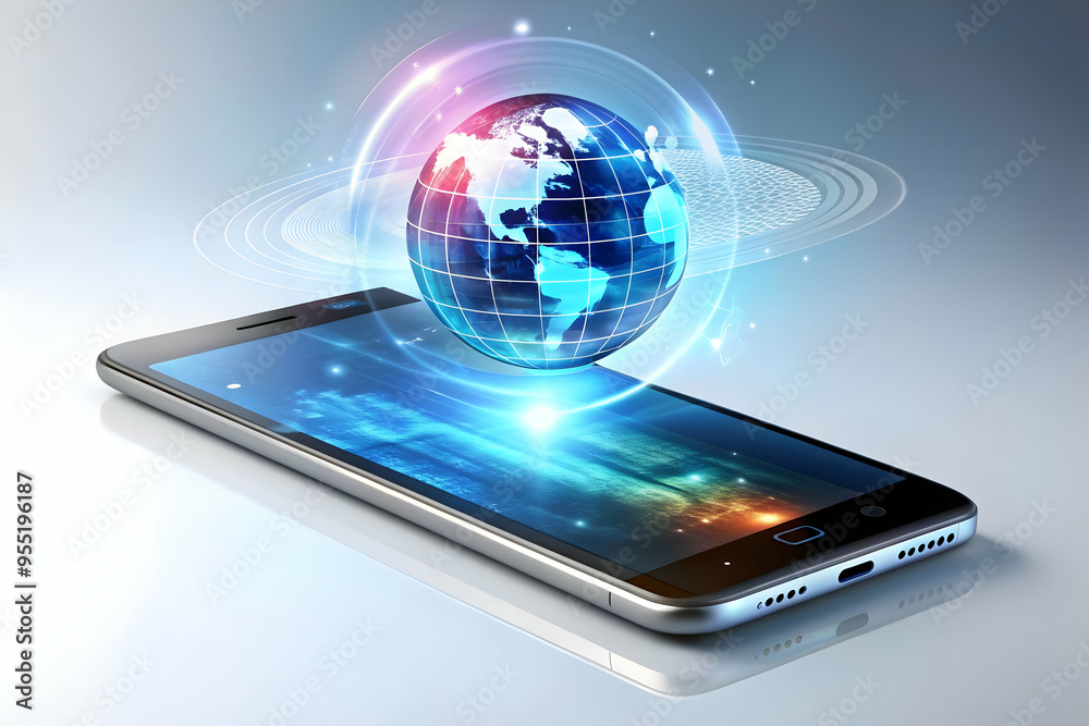 Futuristic Smartphone Floating Above Holographic Interface - 3D Concept Featuring Levitating Phone on Clean White Background Futuristic Smartphone Floating Above Holographic Interface - 3D Concept Featuring Levitating Phone on Clean White Background