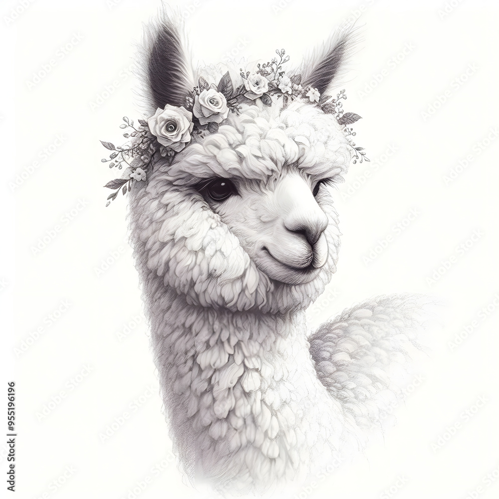 Fototapeta premium 흰 배경, 알파카, 펜슬 드로잉 (White background, alpaca, pencil drawing)