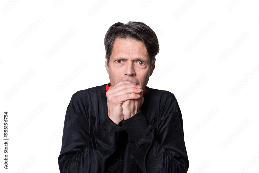 Middle-aged man in cold, blowing his hands, on white background, in casual clothes. Middle-aged man in cold, blowing his hands, on white background, in casual clothes.