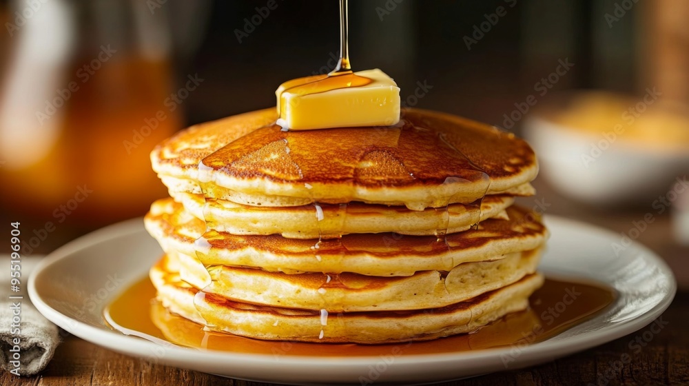 A stack of fluffy pancakes topped with a pat of melting butter and drizzled with maple syrup, a delicious breakfast or brunch indulgence. A stack of fluffy pancakes topped with a pat of melting butter and drizzled with maple syrup, a delicious breakfast or brunch indulgence.