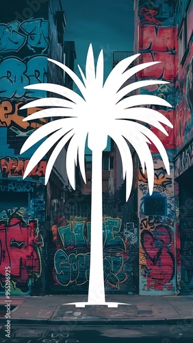 A vector illustration of a date palm tree silhouette against a graffiti-filled urban backdrop, blending nature's elegance with vibrant street art.