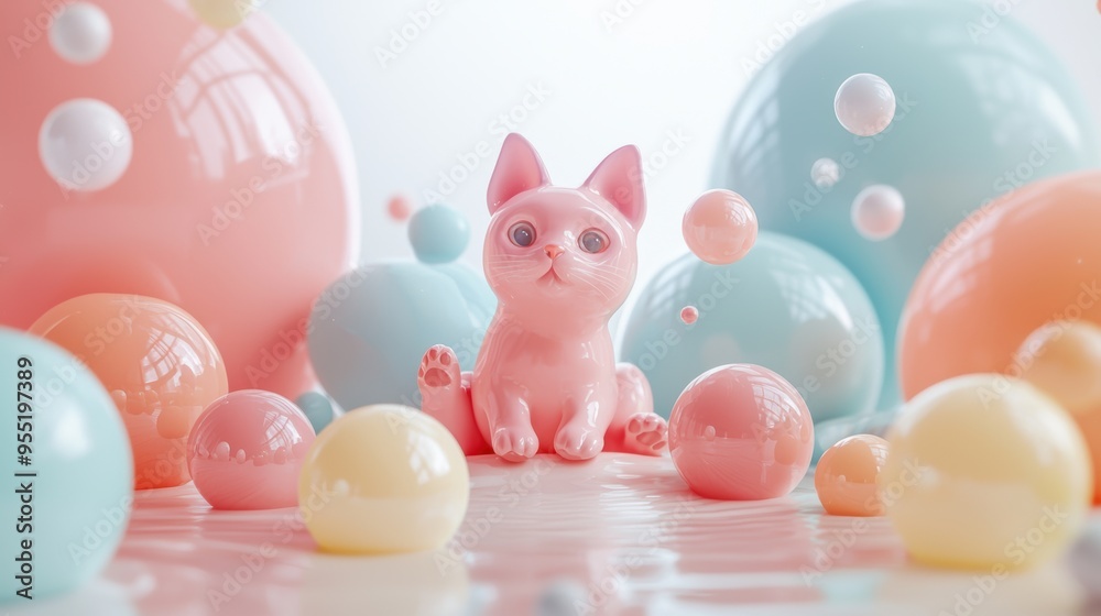 Cute Pink Cat in a World of Pastel Spheres. Cute Pink Cat in a World of Pastel Spheres.