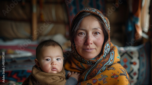 Mongolian mother dressed clean modern cashmere, holding 1 months old baby boy wearin clean modern cloth, in sitting mongolian modern yurt photo