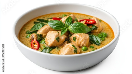 A delicious bowl of chicken curry featuring tender pieces of chicken, vibrant greens, and aromatic spices.