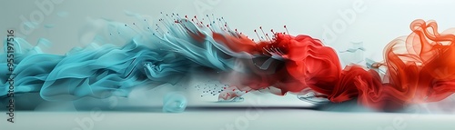 Abstract banner featuring vibrant splashes of red and blue paint, creating a dynamic and energetic visual effect. The design emphasizes bold color contrasts and fluid brushstrokes.Generative AI