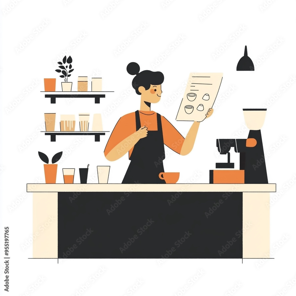 A barista wearing an apron stands behind the counter, working and smiling at a customer. A barista wearing an apron stands behind the counter, working and smiling at a customer.