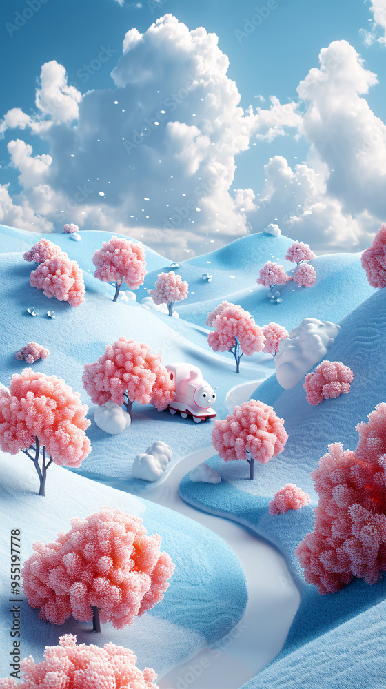 A 3d illustration of Ka Love's cartoon train driving through a valley full of cherry blossoms
A 3d illustration of Ka Love's cartoon train driving through a valley full of cherry blossoms