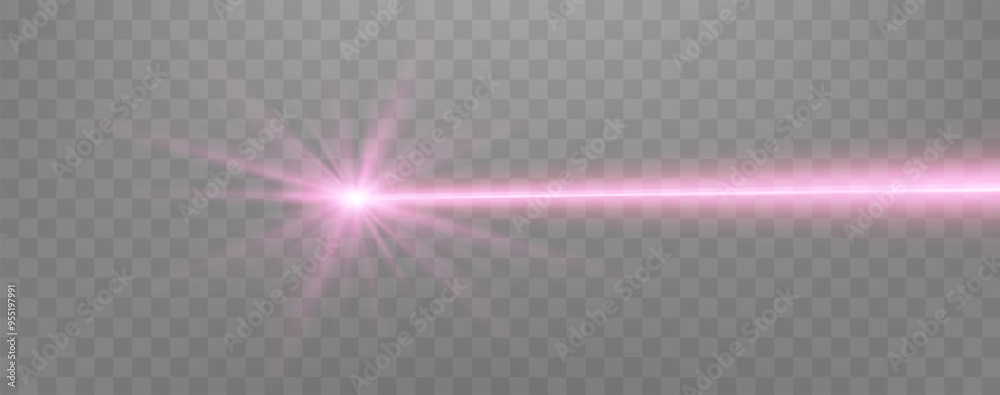 Pink horizontal laser beam. Neon line, presentation pointer. Pink glow flare light effect. Vector illustration. Isolated on dark transparent background. Pink horizontal laser beam. Neon line, presentation pointer. Pink glow flare light effect. Vector illustration. Isolated on dark transparent background.