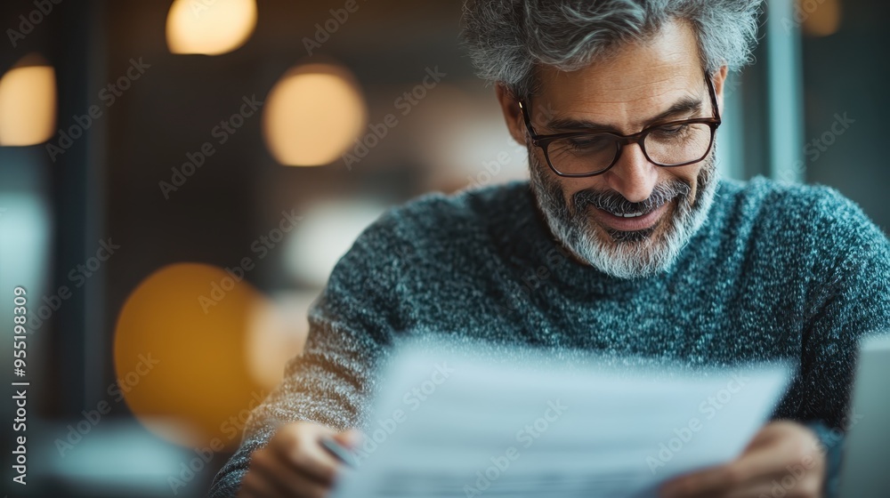 A man wearing glasses and a grey sweater reads a document with a warm smile, likely enjoying good news or an interesting piece of information, symbolizing contentment and focus. A man wearing glasses and a grey sweater reads a document with a warm smile, likely enjoying good news or an interesting piece of information, symbolizing contentment and focus.