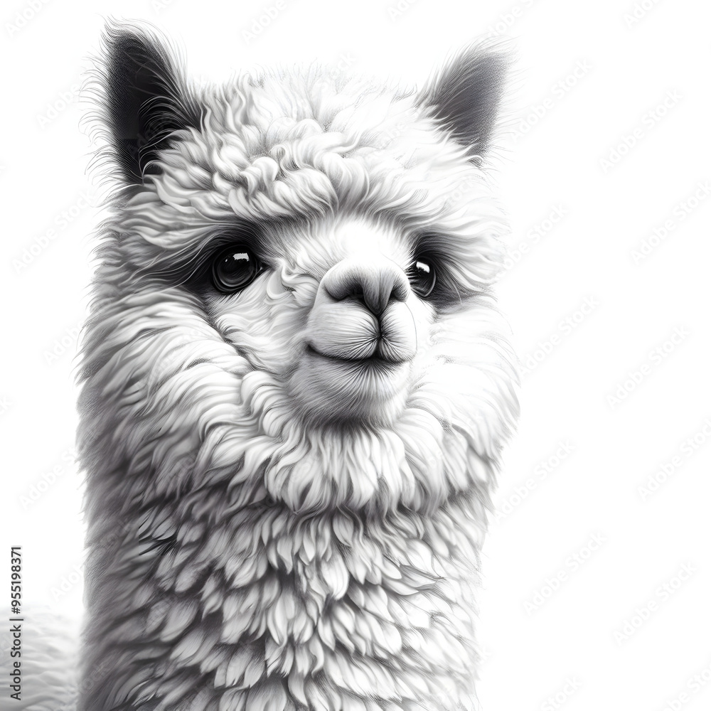 Obraz premium 흰 배경, 알파카, 펜슬 드로잉 (White background, alpaca, pencil drawing)