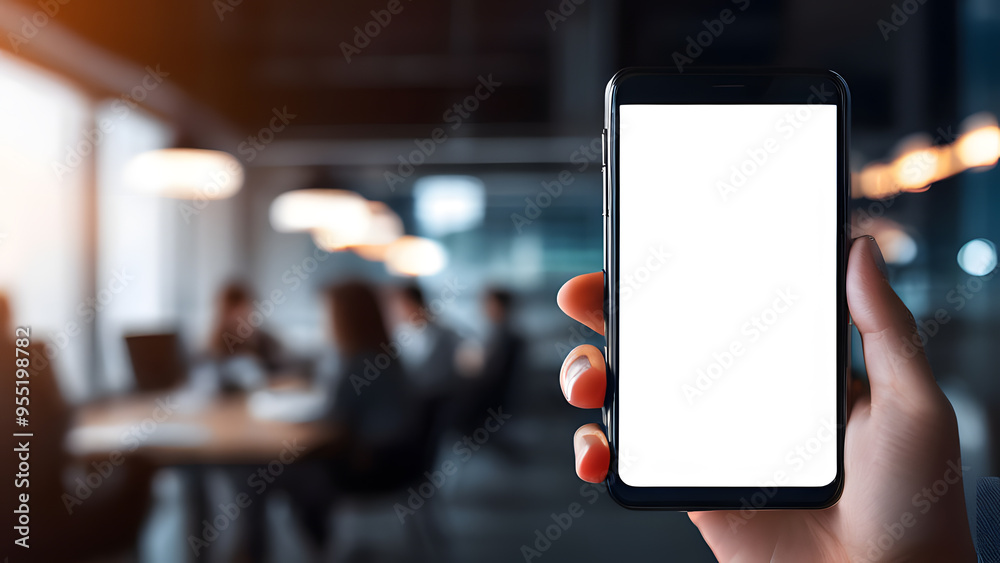 close up hand holding smartphone with blank screen, blurred office atmosphere background, space concept close up hand holding smartphone with blank screen, blurred office atmosphere background, space concept