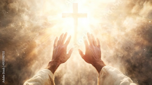 Hands of Jesus resurrected from the tomb and bright light background, heaven and cross love.
