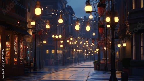 A street scene featuring artistic streetlights with unique designs, adding visual interest and character to the urban environment.