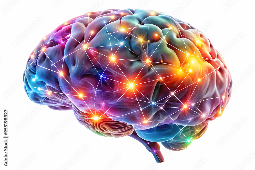 Vibrant 3D Glowing Abstract Brain with Neural Connections Symbolizing AI-Driven Management Concept - Colorful Close-Up Shot Illustrating Artificial Intelligence Complexity on White Background Vibrant 3D Glowing Abstract Brain with Neural Connections Symbolizing AI-Driven Management Concept - Colorful Close-Up Shot Illustrating Artificial Intelligence Complexity on White Background