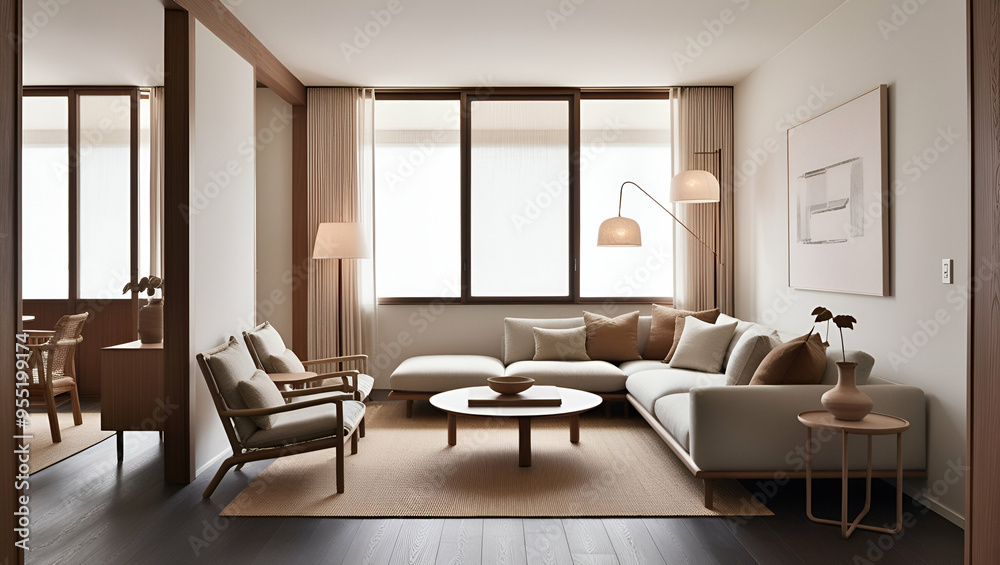 Fototapeta premium Modern living room interior with comfortable furniture, large windows, and stylish decor