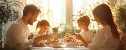 Family having breakfast together with morning light, Monday morning, family bonding