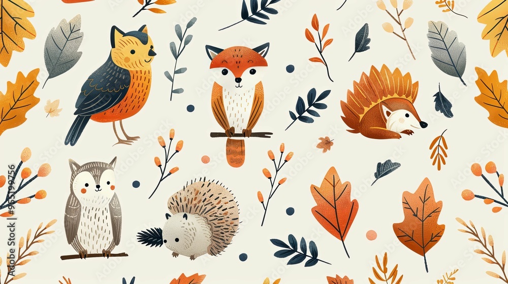 Seamless Pattern of Autumn Forest Animals and Leaves Seamless Pattern of Autumn Forest Animals and Leaves
