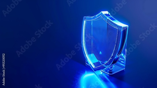 Glowing blue shield made of glass, symbolizes protection and security on a sleek dark background with reflective light.