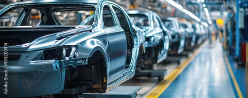 Cars in production line in modern automobile factory showcasing efficiency, automation and manufacturing in the automotive industry.