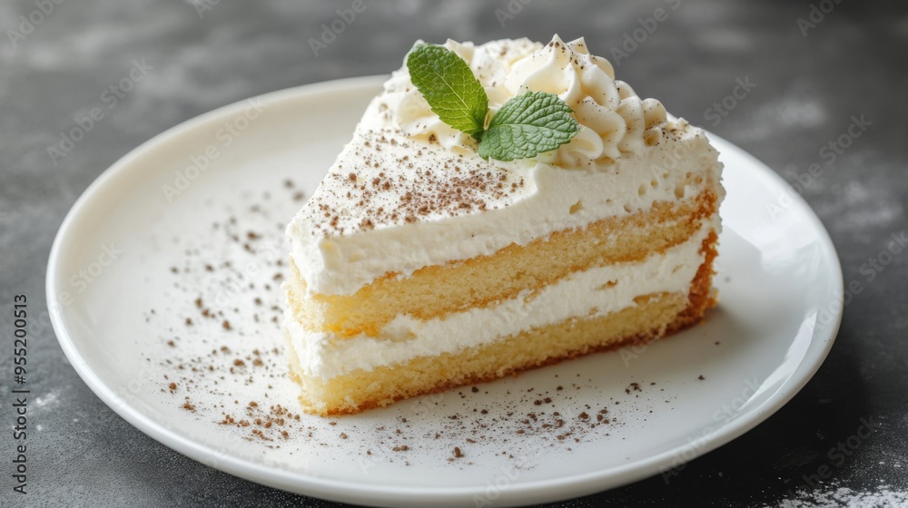 A slice of cake with whipped cream and mint leaves on top. The cake is placed on a white plate A slice of cake with whipped cream and mint leaves on top. The cake is placed on a white plate