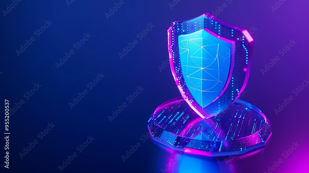 Glowing digital shield symbolizing cyber security, technology, and data protection in a futuristic blue and pink setting. Glowing digital shield symbolizing cyber security, technology, and data protection in a futuristic blue and pink setting.