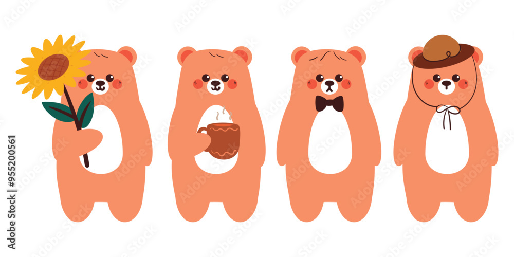 hand drawing cartoon bear sticker set. cute animal drawing, doodle set hand drawing cartoon bear sticker set. cute animal drawing, doodle set