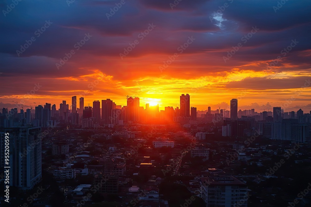 Fototapeta premium Sunrise over a bustling cityscape, Monday morning, fresh start to the week