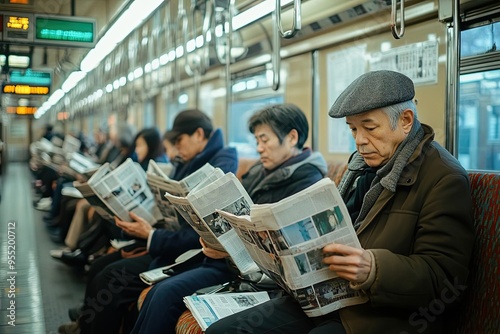 Morning train ride with commuters reading newspapers, Monday morning, daily routine