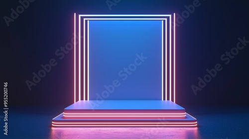 A stylish 3D podium with empty space on top, framed by glowing neon lights, set against a dark blue background, ideal for eye-catching advertising displays