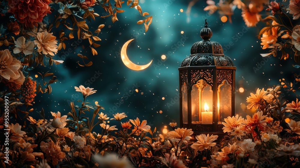Illuminated Ramadan: Floral Border with Lantern and Crescent Moon Illuminated Ramadan: Floral Border with Lantern and Crescent Moon